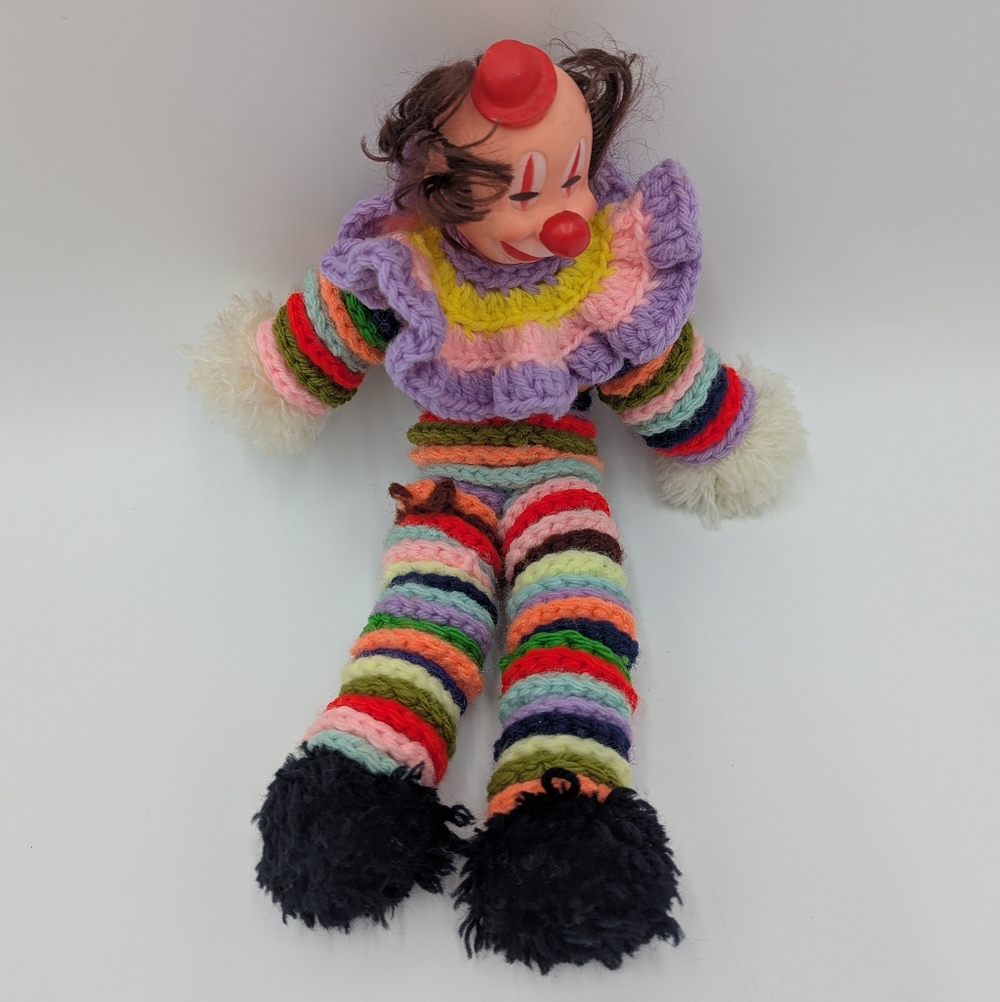 VTG Crochet Clown Doll  Rainbow Stripped Fuzzy Feet Kitsch Multicolor Fun